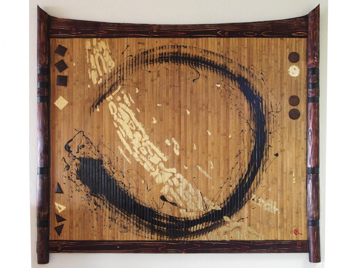 Großes Erwachen, 150 cm x 140 cm, Naturölfarbe, Blattgold auf Bambus